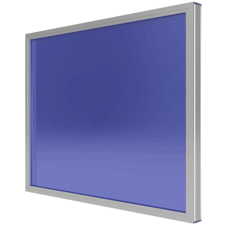 A blue window with a silver frame on a white background.
