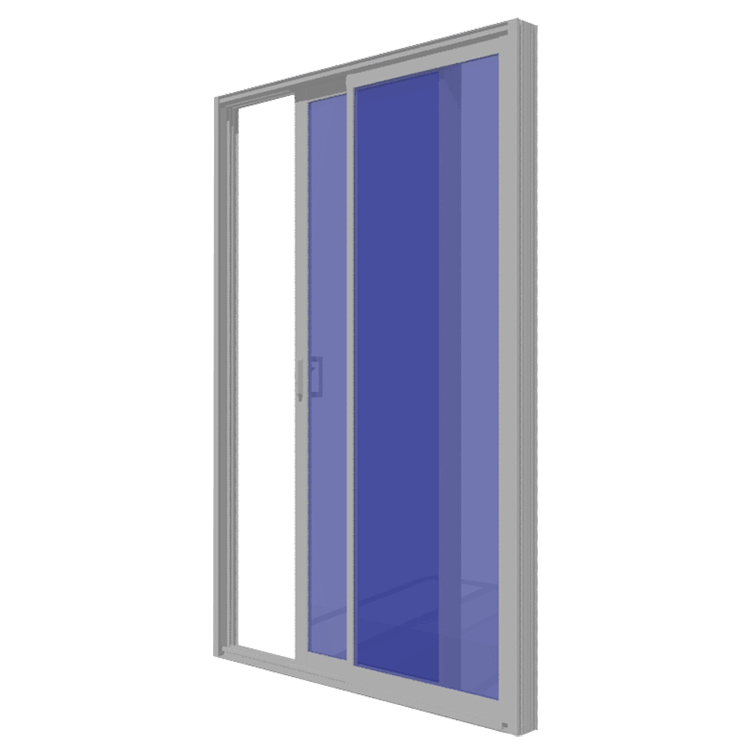 A sliding glass door with a blue screen on a white background.