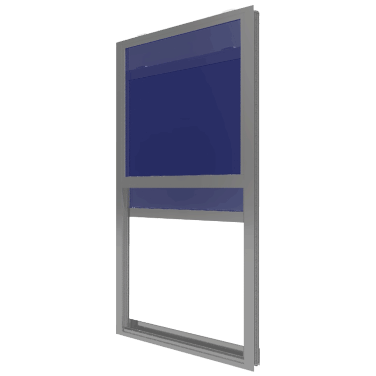 A 3d model of a window with a blue screen on a white background.