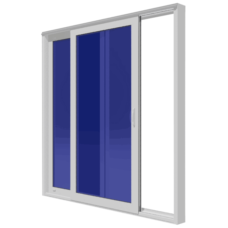 A 3d rendering of a sliding glass door with blue glass.