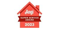 The logo for the angi super service award is a red house with a red ribbon.