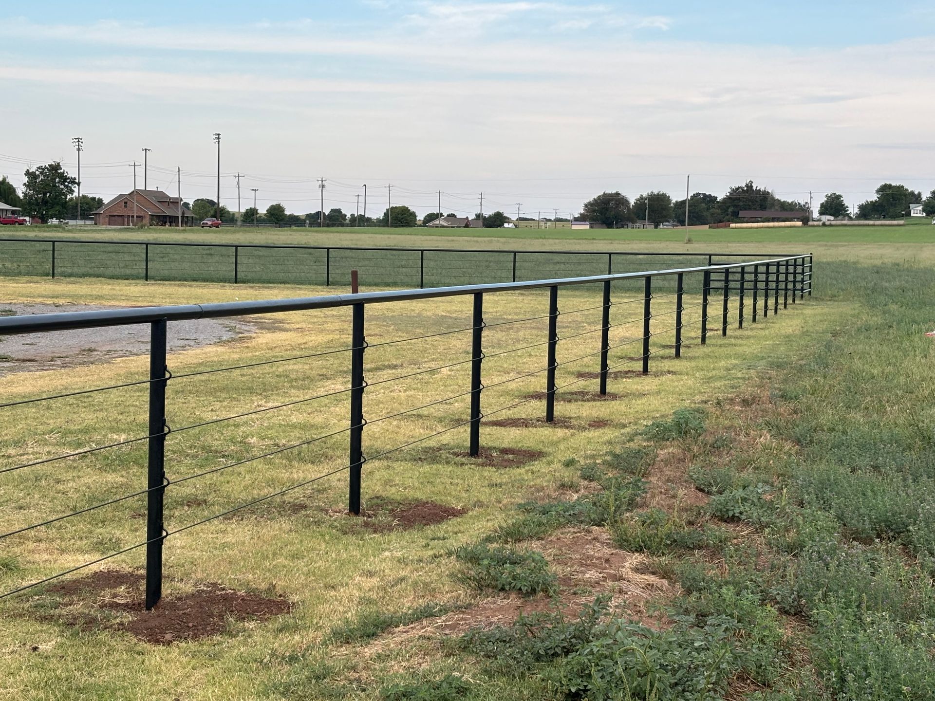 Black metal fence in a grassy field.