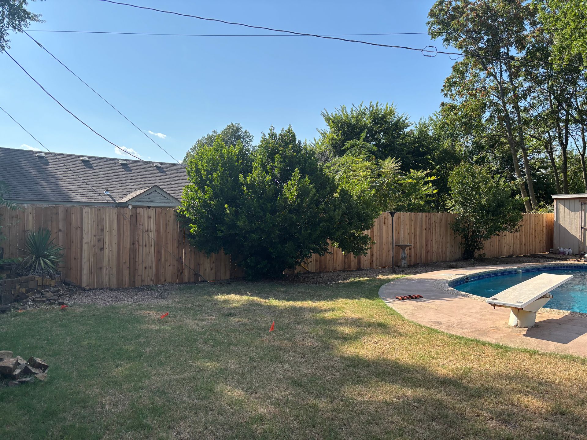 Backyard with wooden fence, pool, green lawn, and trees on a sunny day.