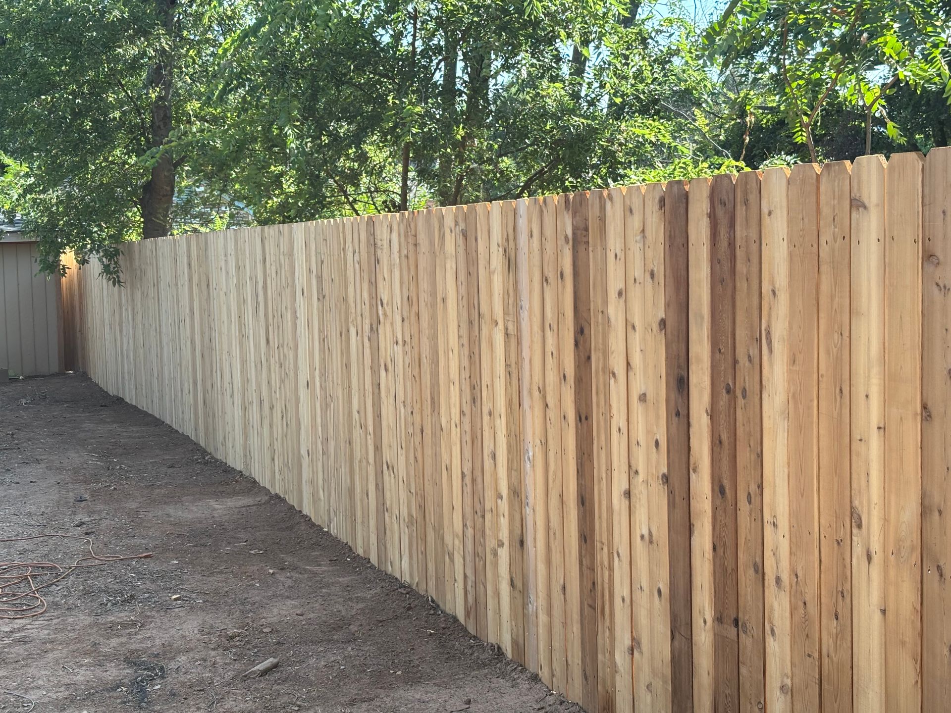 Wooden fence in a backyard setting.