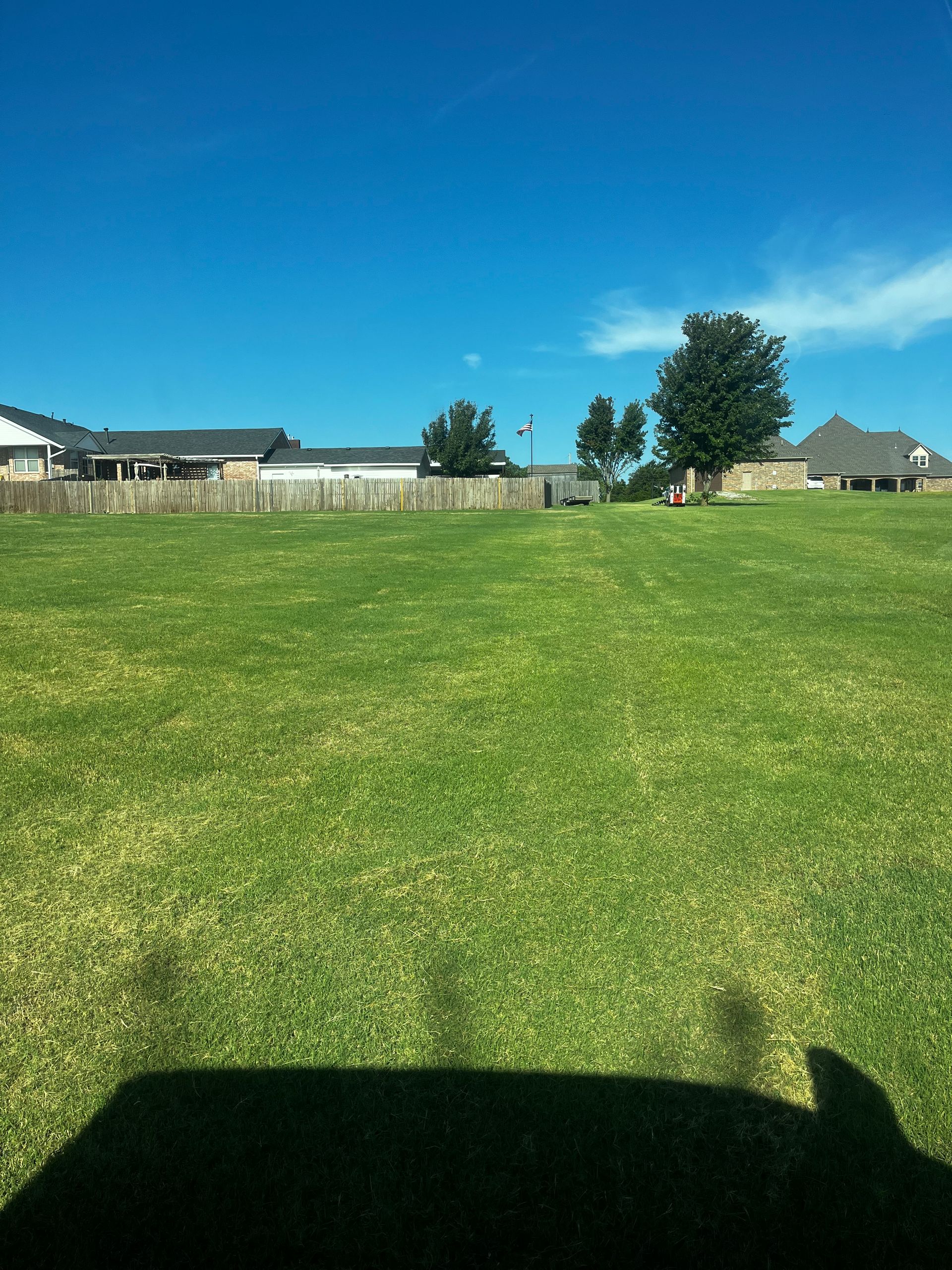 Green grassy yard with a wooden fence and houses in the background under a bright blue sky.