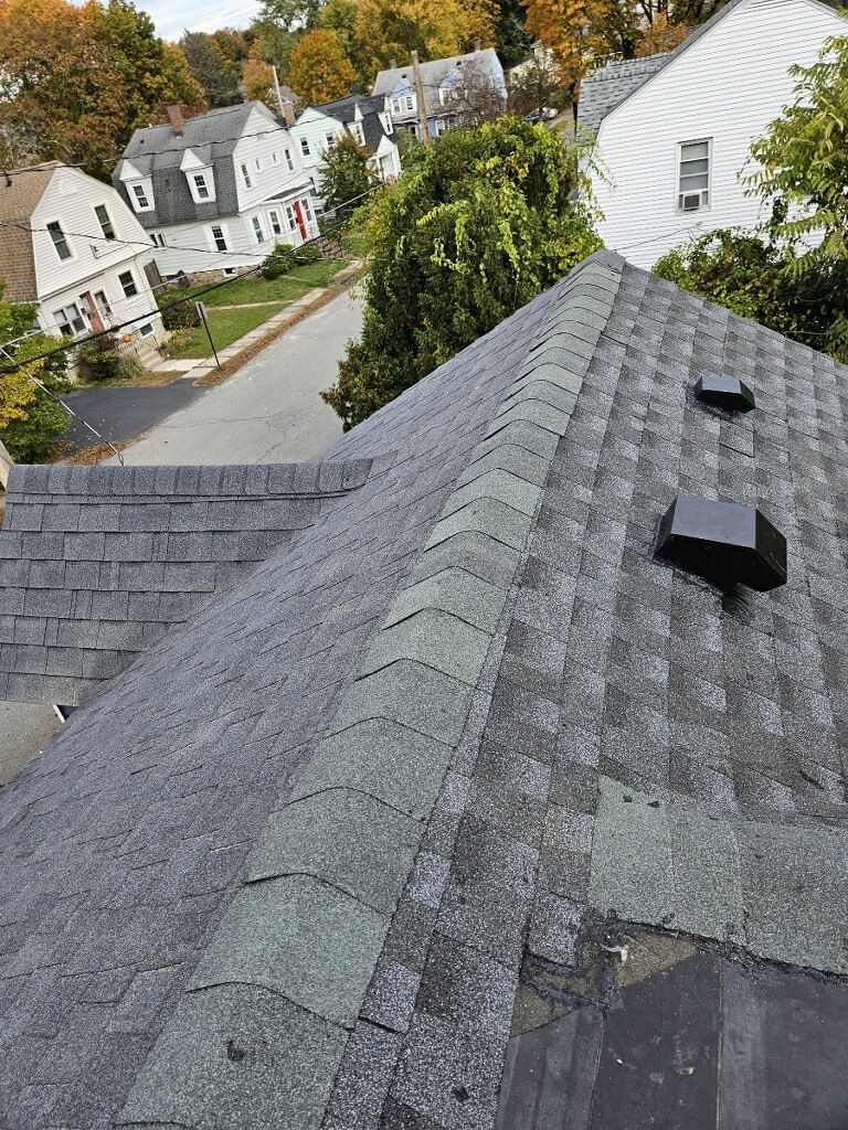 An aerial view of a roof with a row of houses in the background.