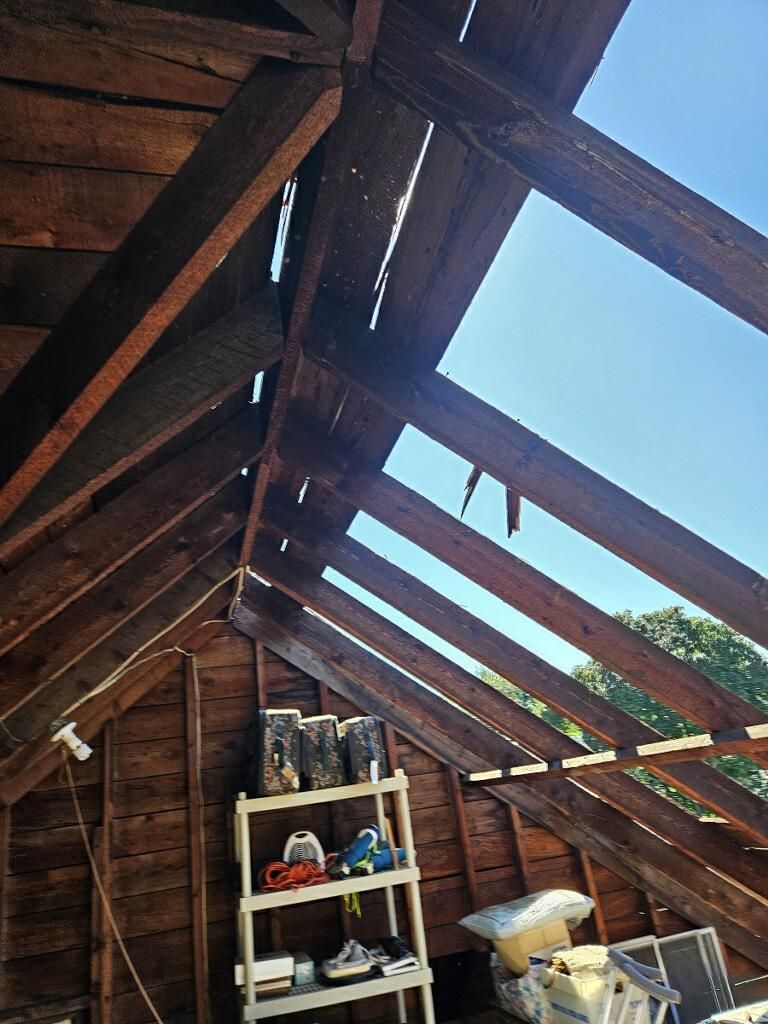 An attic with a ladder and a shelf in it