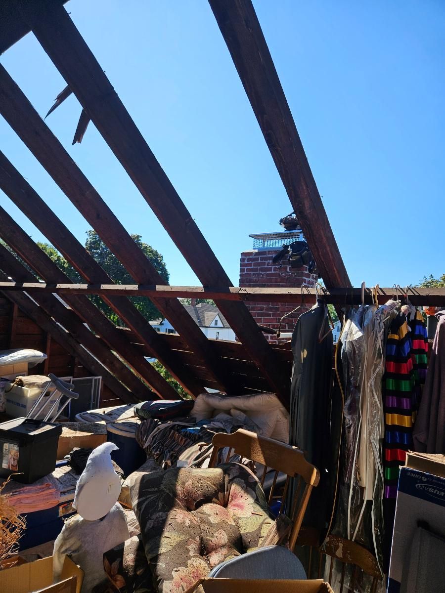 An attic filled with lots of stuffed animals and clothes