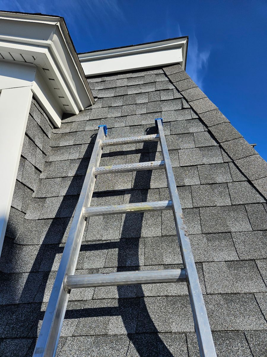 A ladder is sitting on top of a roof.