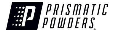 Prismatic Powders logo with a stylized white “P” on a black square and black text on a white background