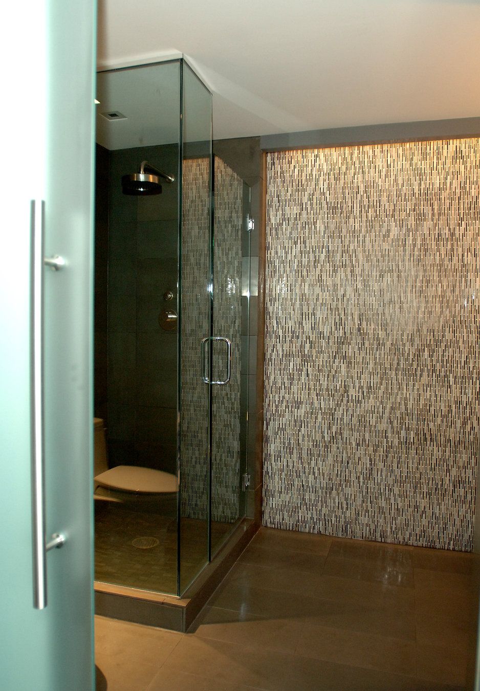 Modern shower with glass enclosure, textured wall, and minimalist design.