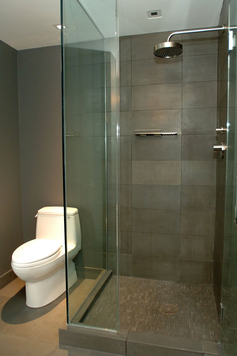 Bathroom with a toilet and a glass-enclosed shower featuring gray tiles.