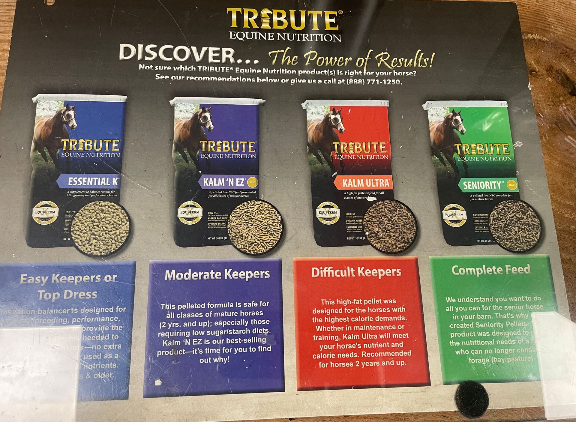Advertisement for Tribute horse feed, showing four different formulas and their intended users.