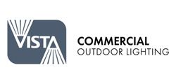 Logo for Vista Commercial Outdoor Lighting. Gray square with white text and light beam designs. Text right of square.