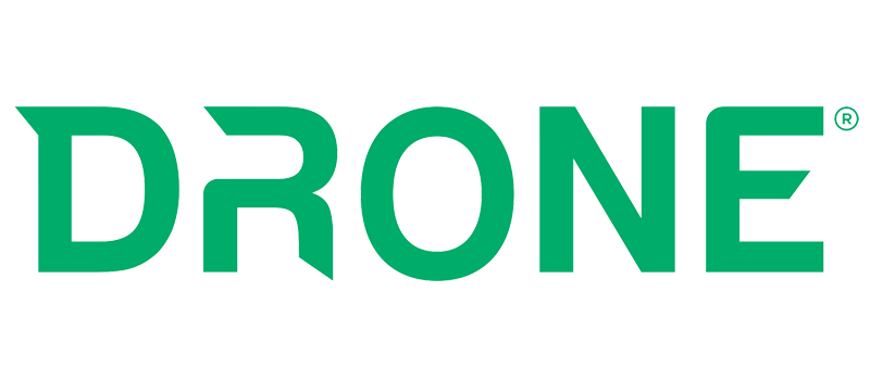 Blue “DRONE” logo with a white drone icon and partial letters on a white background