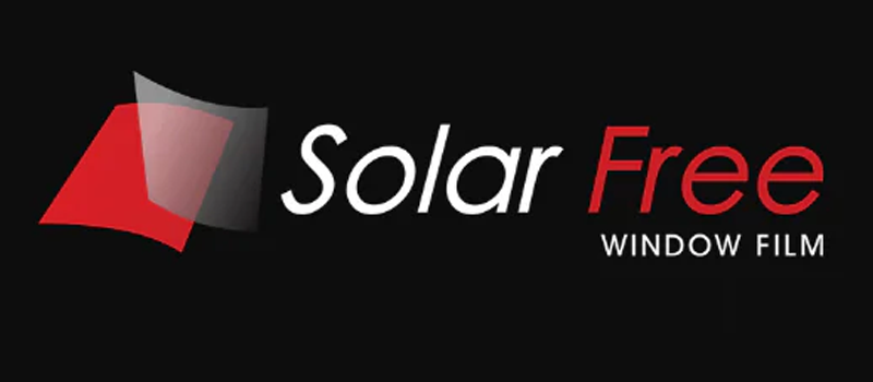 SolarFree window film logo on black background with red and white text and a red-gray graphic