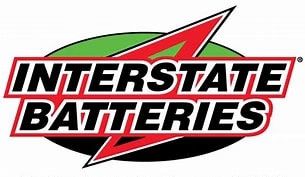 Interstate Batteries logo with bold black text over a red lightning bolt on a green and black oval.