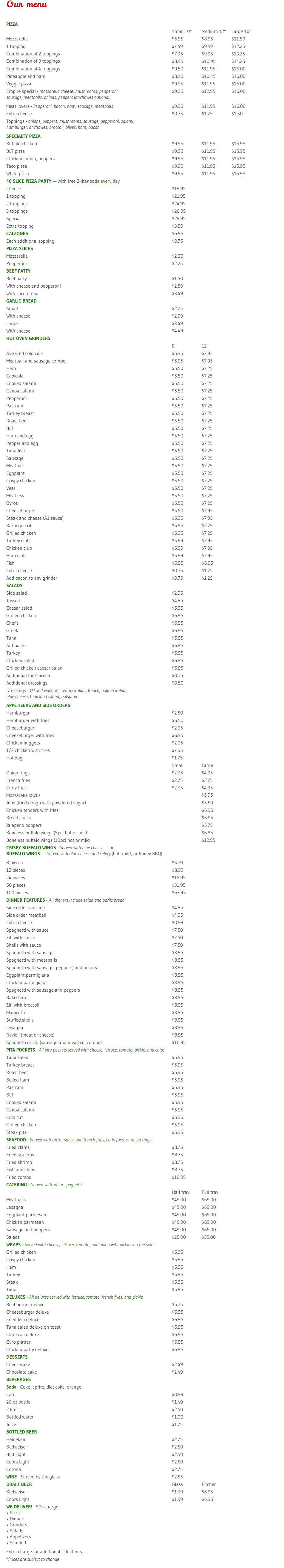 Empire House Pizza Menu Hartford, CT