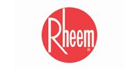 The Rheem logo is a white wordmark in a red circle on a white background.