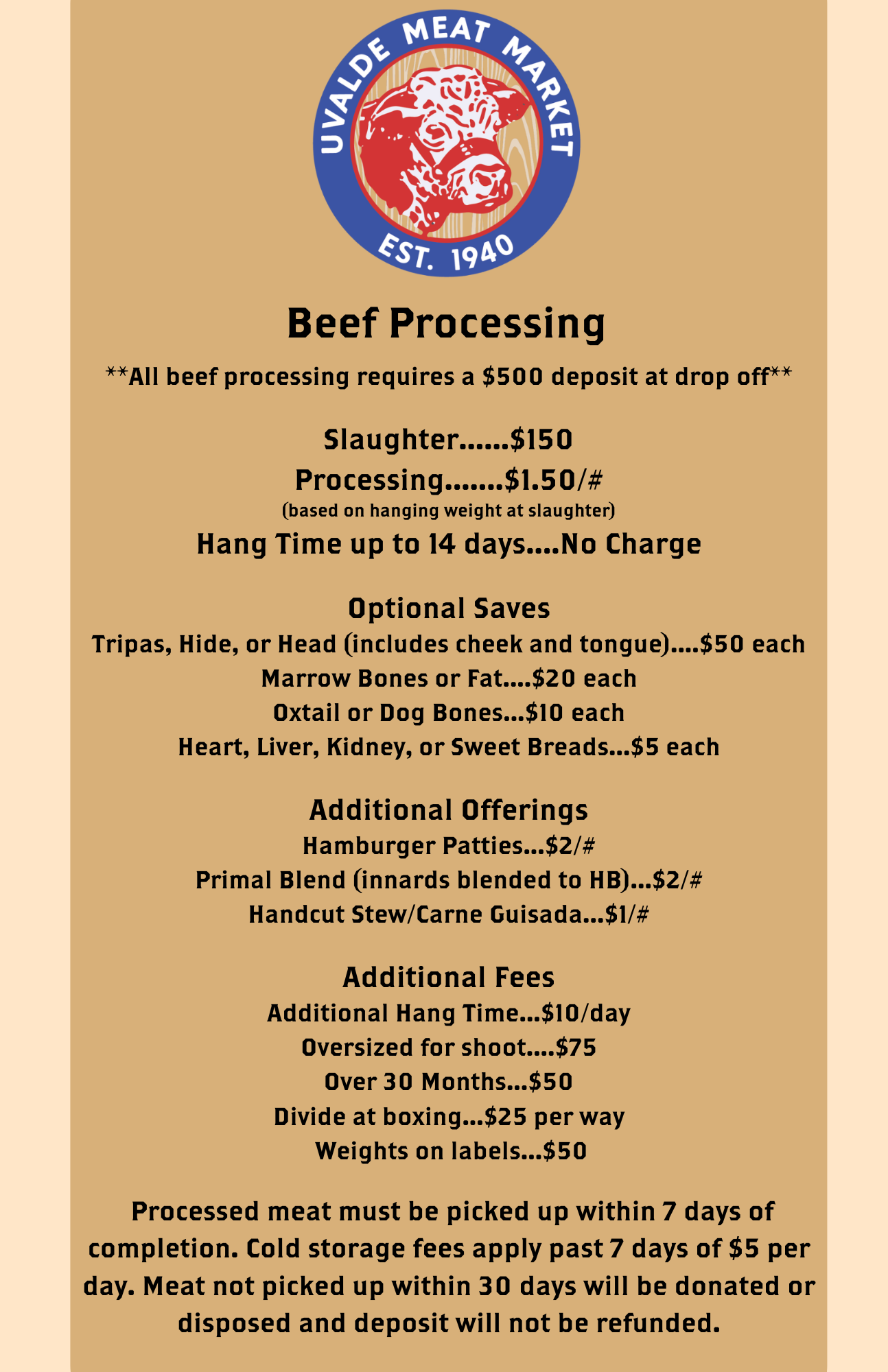 Uvalde Meat Market & Processing Custom Slaughter Menu Uvalde