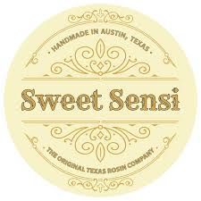 Round cream-and-gold Sweet Sensi logo with ornate border and “Handmade in Austin, Texas” text