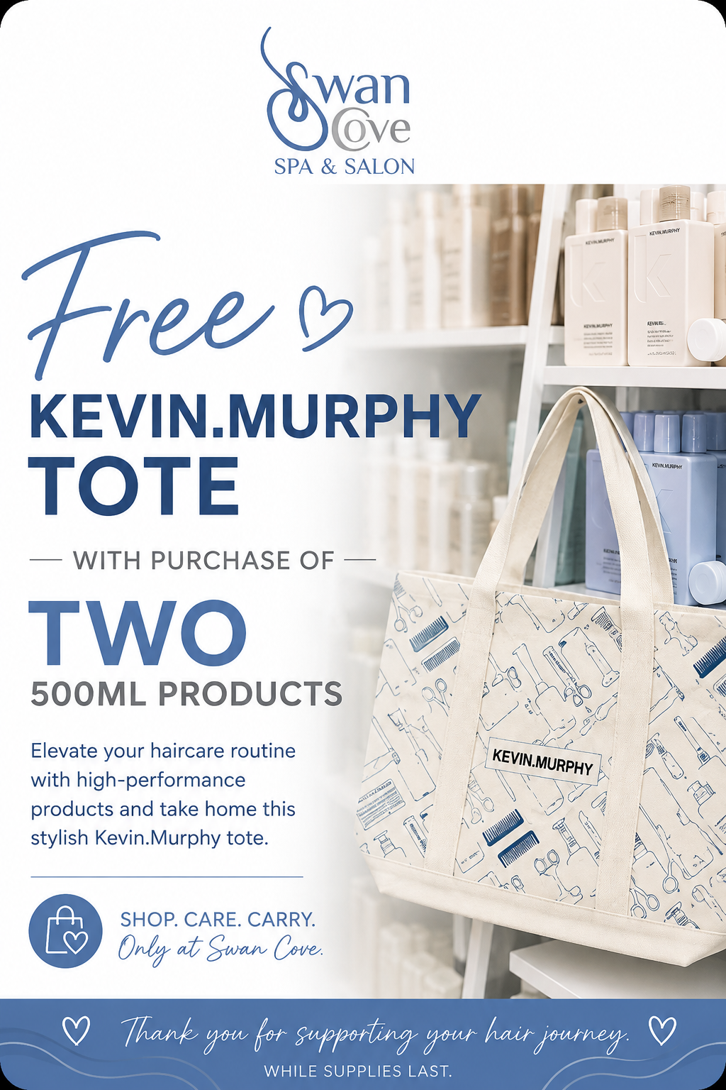 Promotional poster for a free Kevin.Murphy tote with purchase of two 500ml products, featuring a beige tote bag