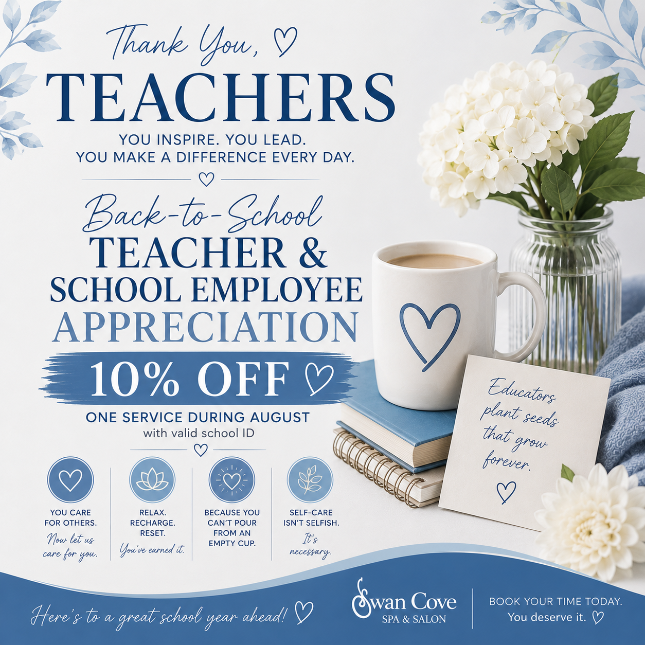 Teacher appreciation sale poster with blue text, flowers, coffee mug, and 10% off offer