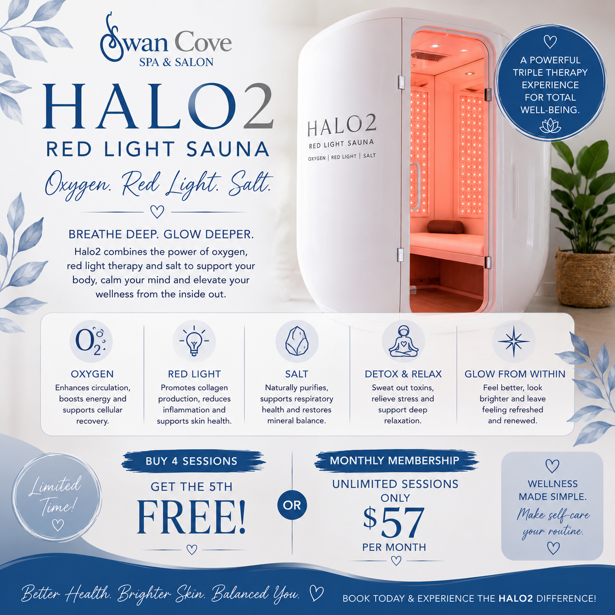 Promotional ad for Swan Cove HALO2 red light sauna with benefits, pricing, and free gift offer