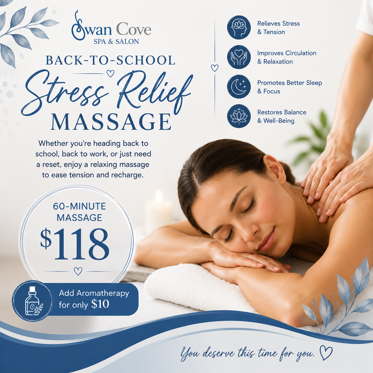 Back-to-school stress relief massage ad with a woman receiving a shoulder massage and blue floral accents