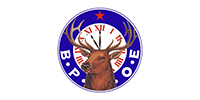 Emblem with a brown elk head, blue circle border with “B.P.O.E.”, and red star at the top.