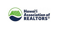 Hawaii Association of REALTORS logo with a circular design and text. The design has green mountains above blue waves.