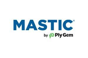 Mastic logo in blue text by Ply Gem. Green leaf graphic next to 