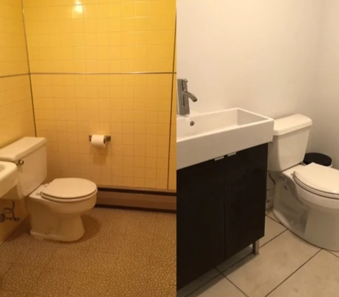 A bathroom with a toilet a sink and a yellow wall