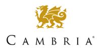 Cambria logo with a gold lion emblem above black serif text on a white background