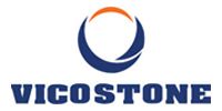 VICOSTONE logo with blue and orange circular emblem above navy text