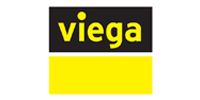 Viega logo with yellow text on a black rectangle above a yellow block