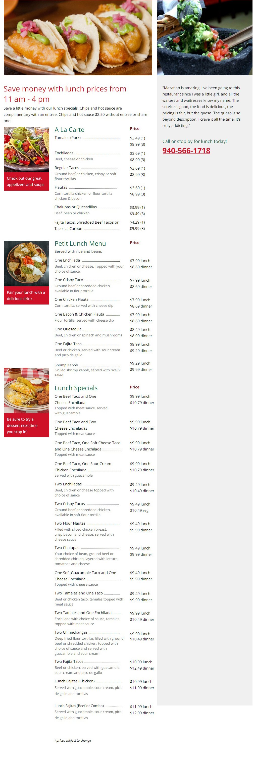 Mazatlan Restaurant Lunch Menu Denton, TX