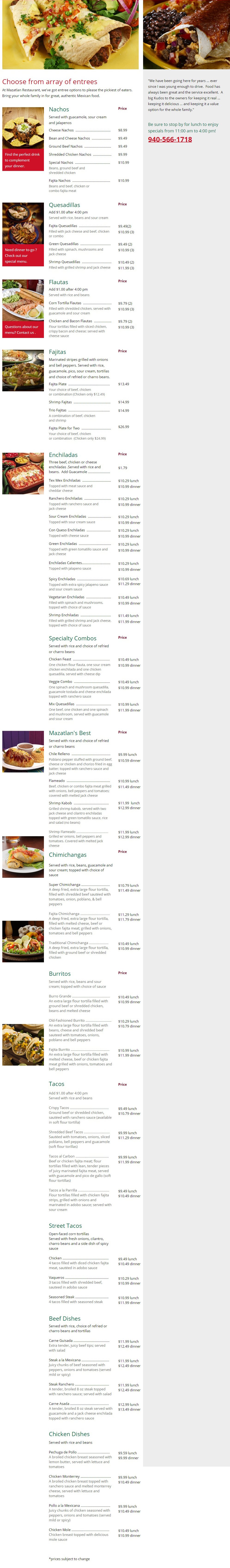 Mazatlan Restaurant Entree Menu Denton, TX