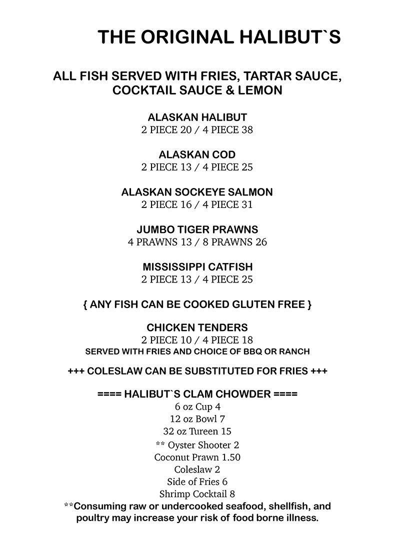 The Original Halibut's Menu Portland, OR