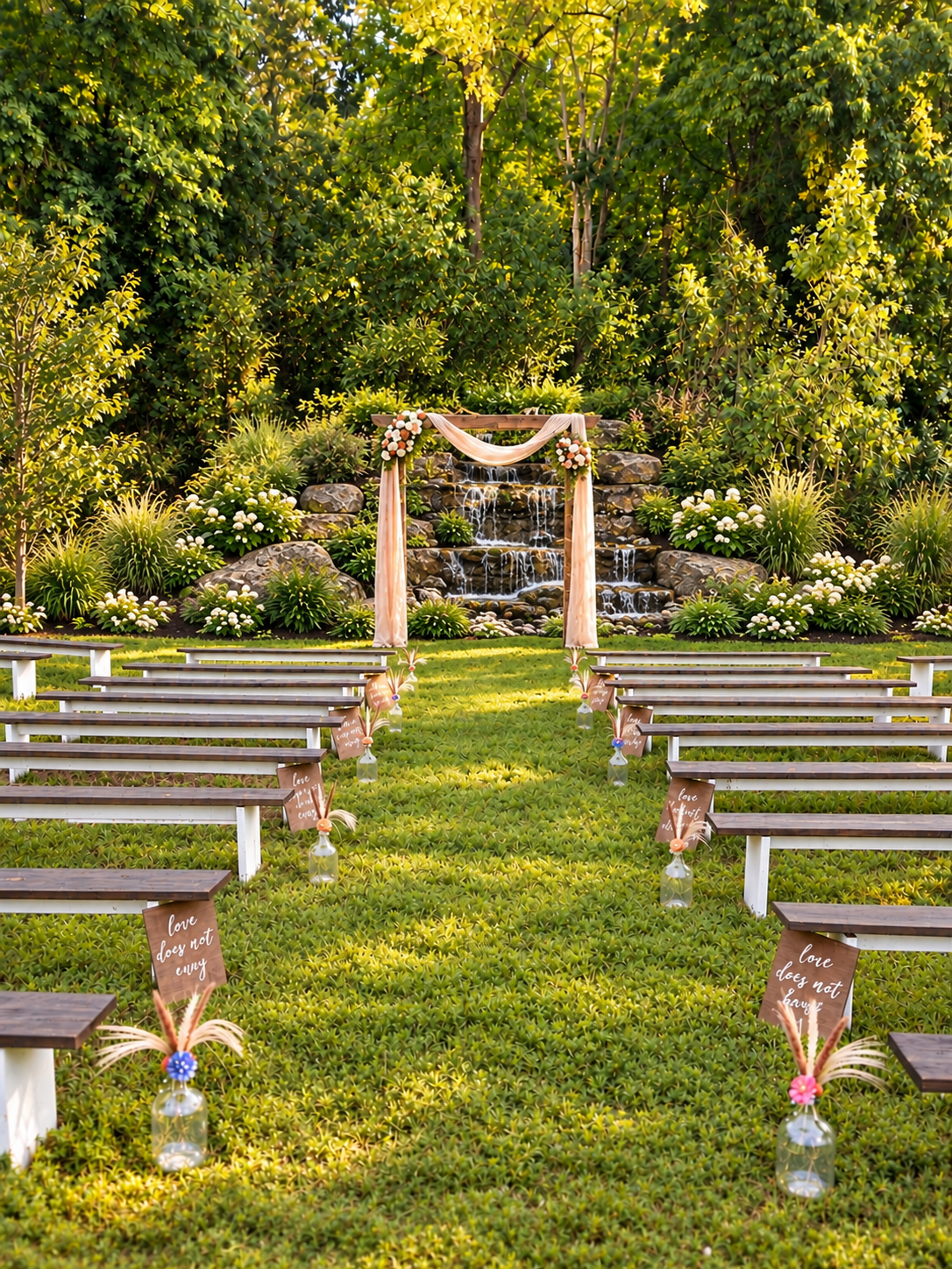 Outdoor wedding aisle with white benches, greenery, and a floral arch under trees