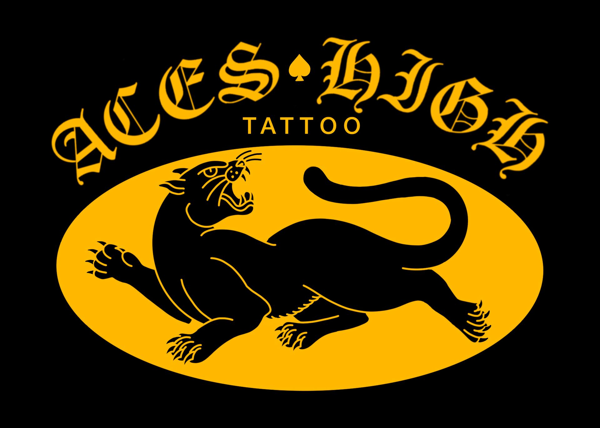 Aces High Tattoo logo with black lion on a yellow oval and gold gothic lettering