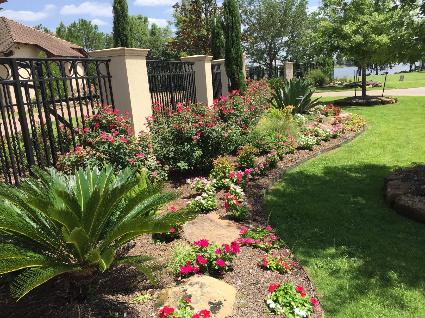 Flower bed with red roses, green plants, and stone path, near a black fence and lake.