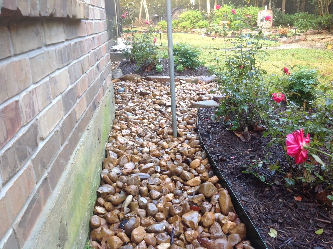 Gravel bed along a brick wall, with rose bushes, and a metal pole in a garden.
