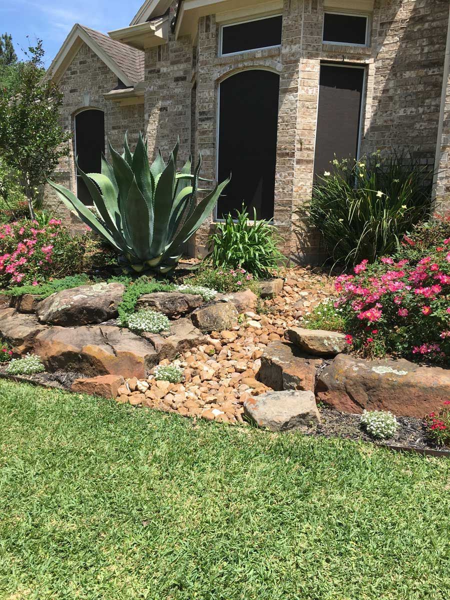 A house with a rock garden in front, featuring an agave plant and pink flowers.