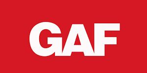 A red background with the word gaf in white letters.