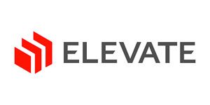 A logo for a company called elevate with a red cube on a white background.