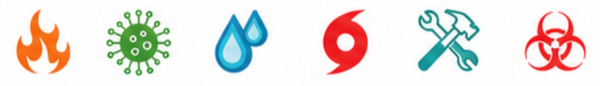 Five colored emergency symbols: fire, bacteria, water drops, a red swirl, tools, and biohazard icons on white.