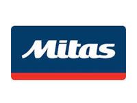 Mitas logo in white on a blue rectangle with a red stripe along the bottom.