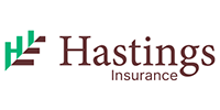 Hastings Insurance logo with teal and maroon geometric mark and brown text on white background
