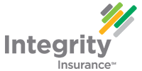 Integrity Insurance logo with gray and green text and diagonal multicolor bars